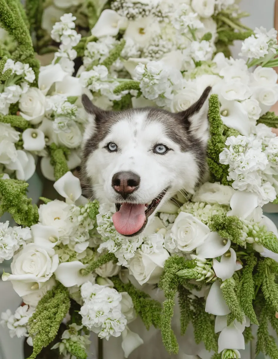 Husky peeking out from the middle of a white bridal bouquet